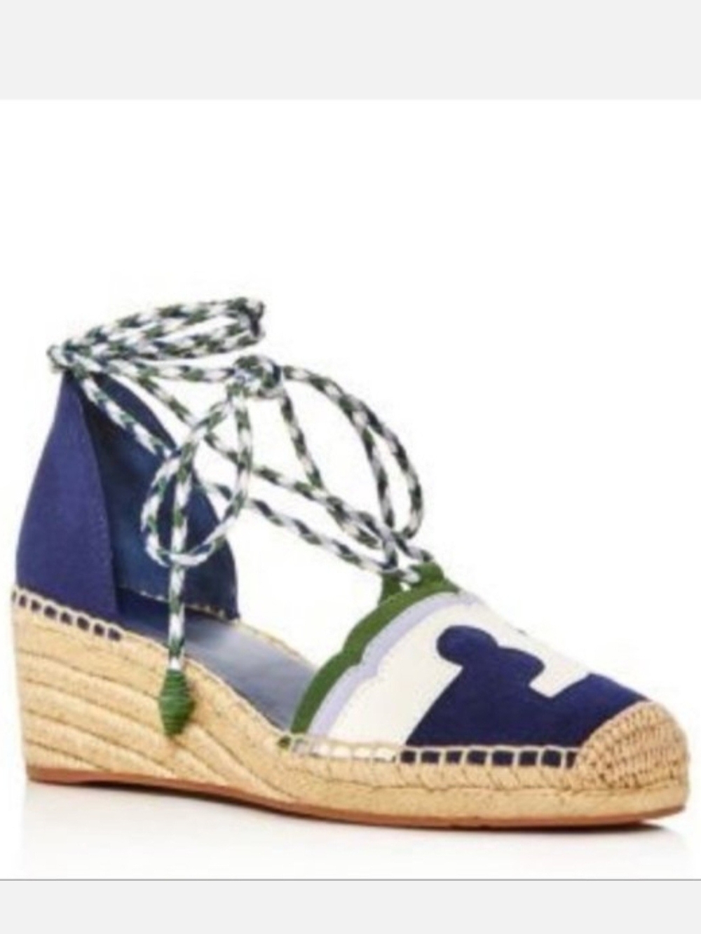 Tory Burch Women's Navy and White Espadrille Wedge with Green Trim